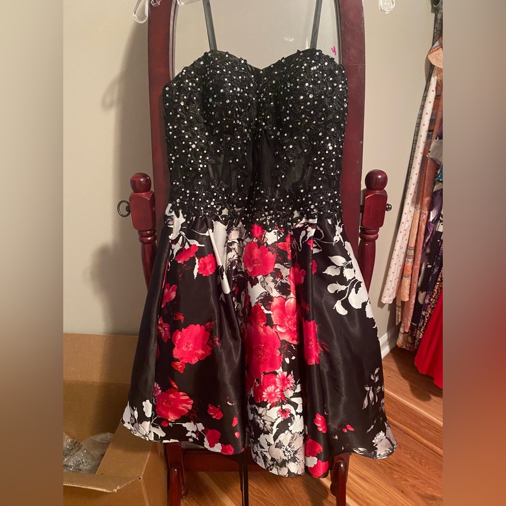 Blondie Nites Black And Pink Floral Strapless Dress with Rhinestones